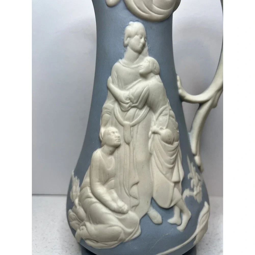 Parian Ware Naomi and Her Daugthers-in-Law Relief Jug Pitcher blue white 1950's